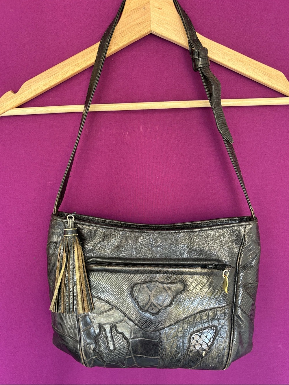Sharif Black Patchwork Leather Shoulder Bag Tassel Made USA Boho Hobo